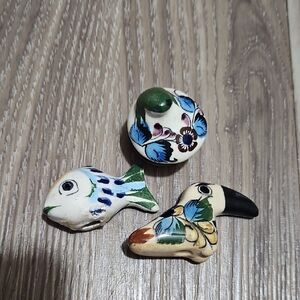 Vintage Mexican Tonala Ceramic Glazed Koi Fish Toucan Frog On Mushroom Figurines